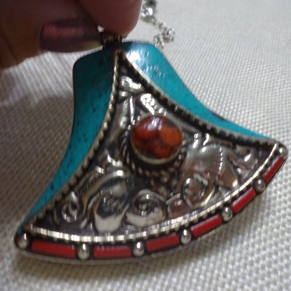 Tribal TURQUOISE & RED CORAL Handmade Sterling Silver Pendant/Cord #238C - Picture 1 of 3